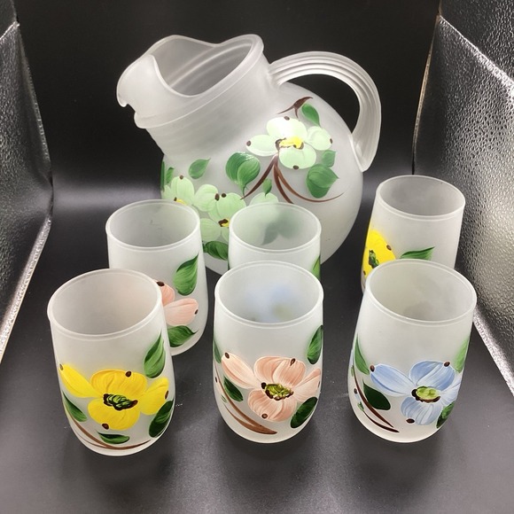 Hazel-Atlas Other - VTG Hazel Atlas Frosted Satin Glass Ball Pitcher W/‎ 6 Glasses-1950s- Floral